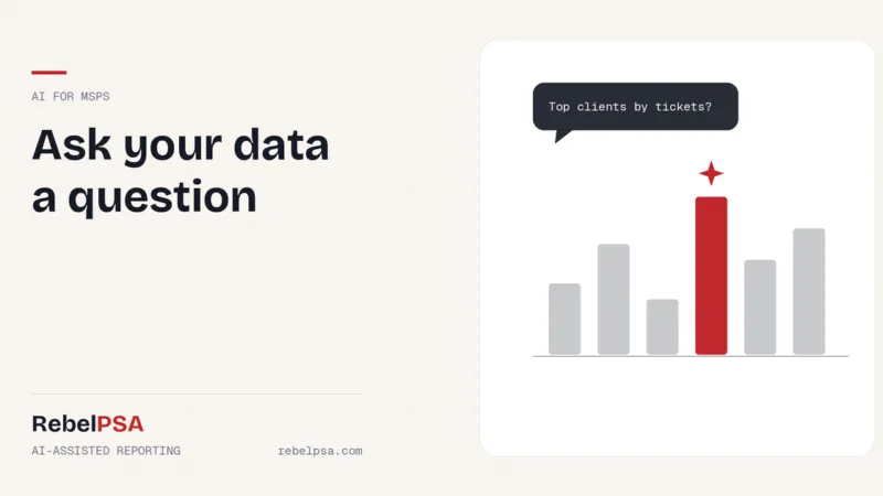 A chat question above a bar chart with one bar highlighted in red, representing AI reporting for MSPs in RebelPSA