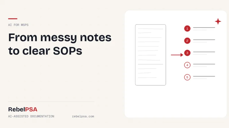 A page of messy notes turning into numbered steps, representing an AI SOP generator in RebelPSA