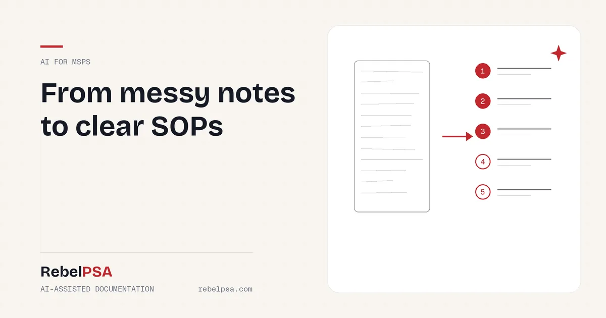 A page of messy notes turning into numbered steps, representing an AI SOP generator in RebelPSA