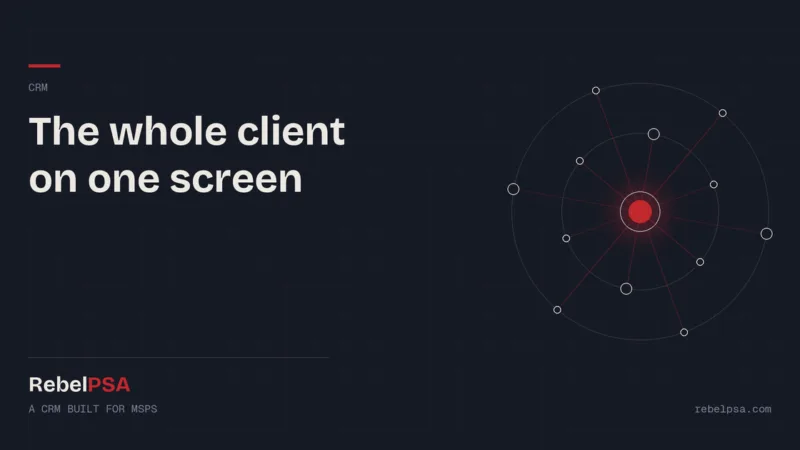 A red center point with connected nodes around it, showing a complete client view in the RebelPSA CRM