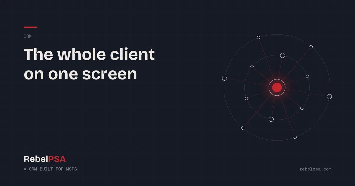 A red center point with connected nodes around it, showing a complete client view in the RebelPSA CRM