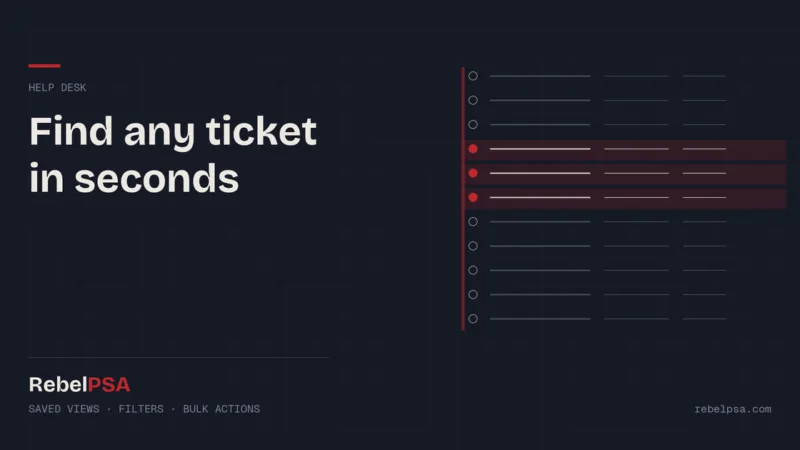 A ticket list with three filtered rows highlighted in red, showing saved views and bulk actions in RebelPSA
