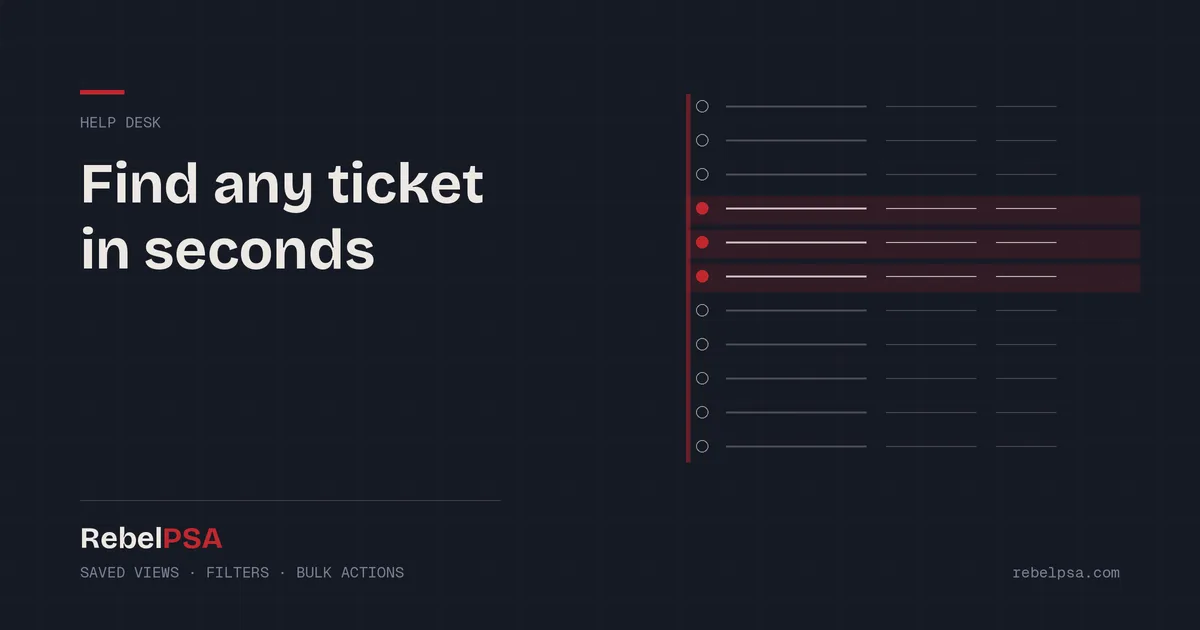 A ticket list with three filtered rows highlighted in red, showing saved views and bulk actions in RebelPSA