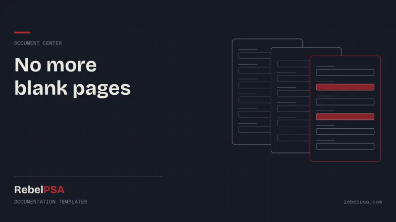 Three stacked form templates with labeled fields, showing structured IT documentation templates in RebelPSA