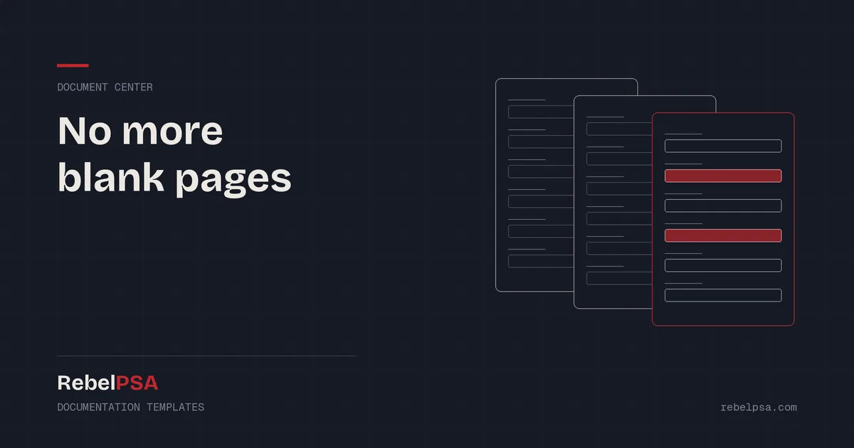 Three stacked form templates with labeled fields, showing structured IT documentation templates in RebelPSA