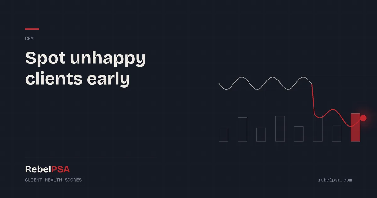 A steady line that drops into red, showing a client health score warning sign in RebelPSA