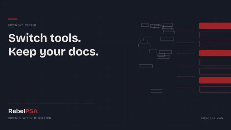 Scattered document blocks flowing into a neat red stack, showing documentation migration into RebelPSA