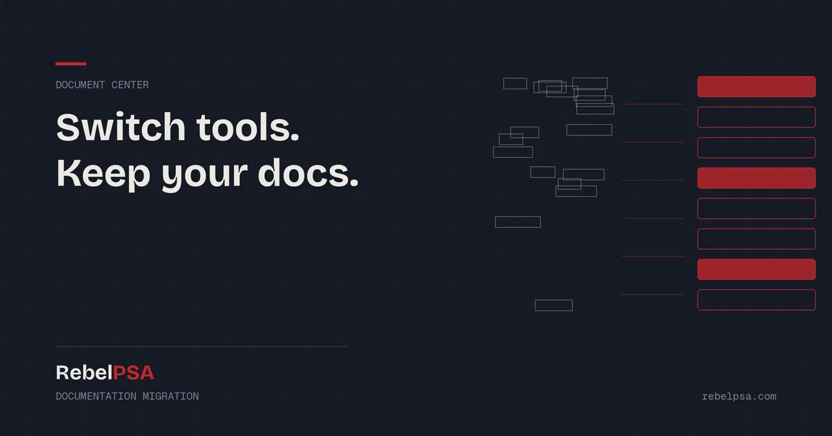 Scattered document blocks flowing into a neat red stack, showing documentation migration into RebelPSA