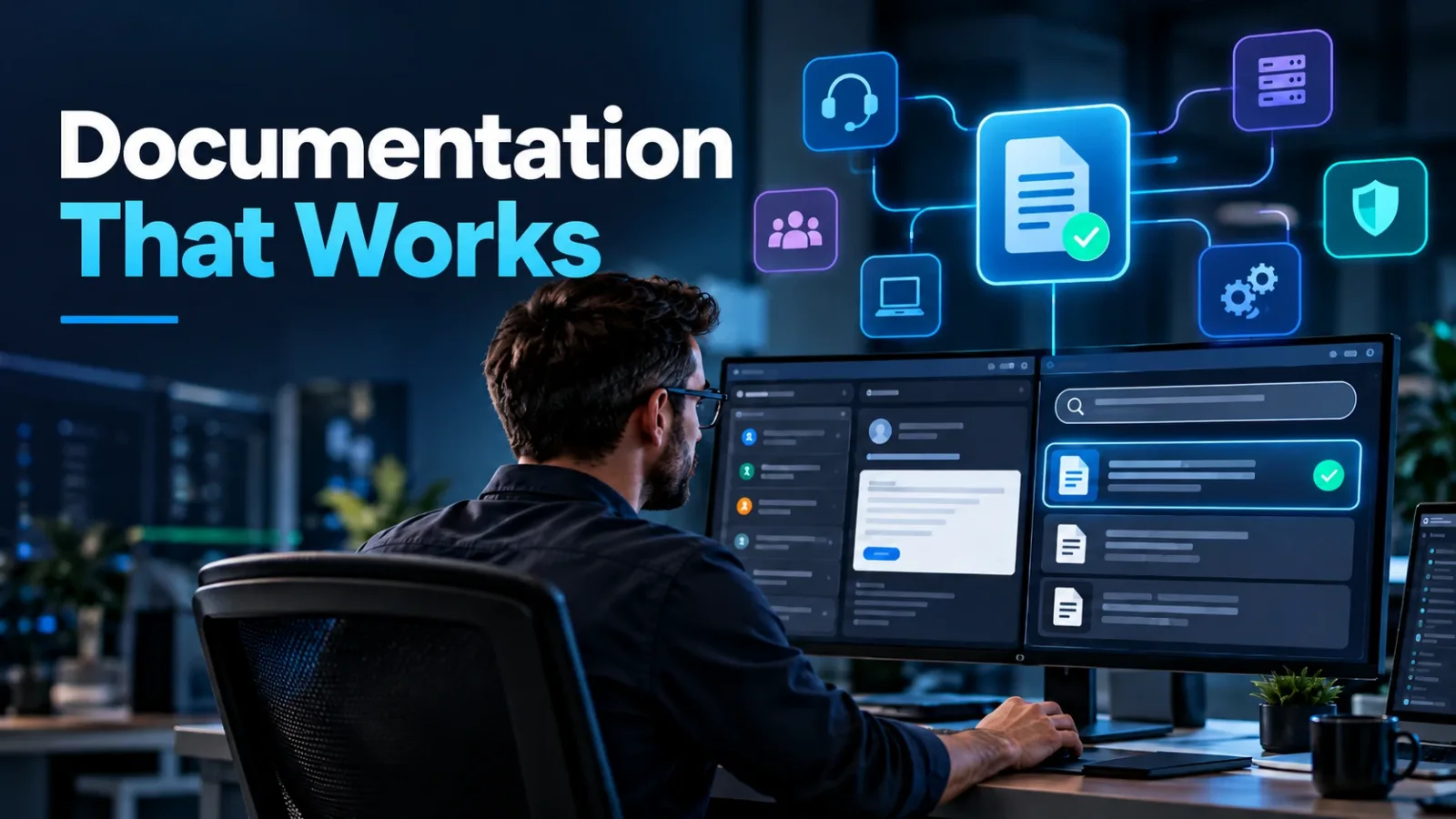 IT technician using an integrated documentation and knowledge management system to resolve MSP support tickets faster